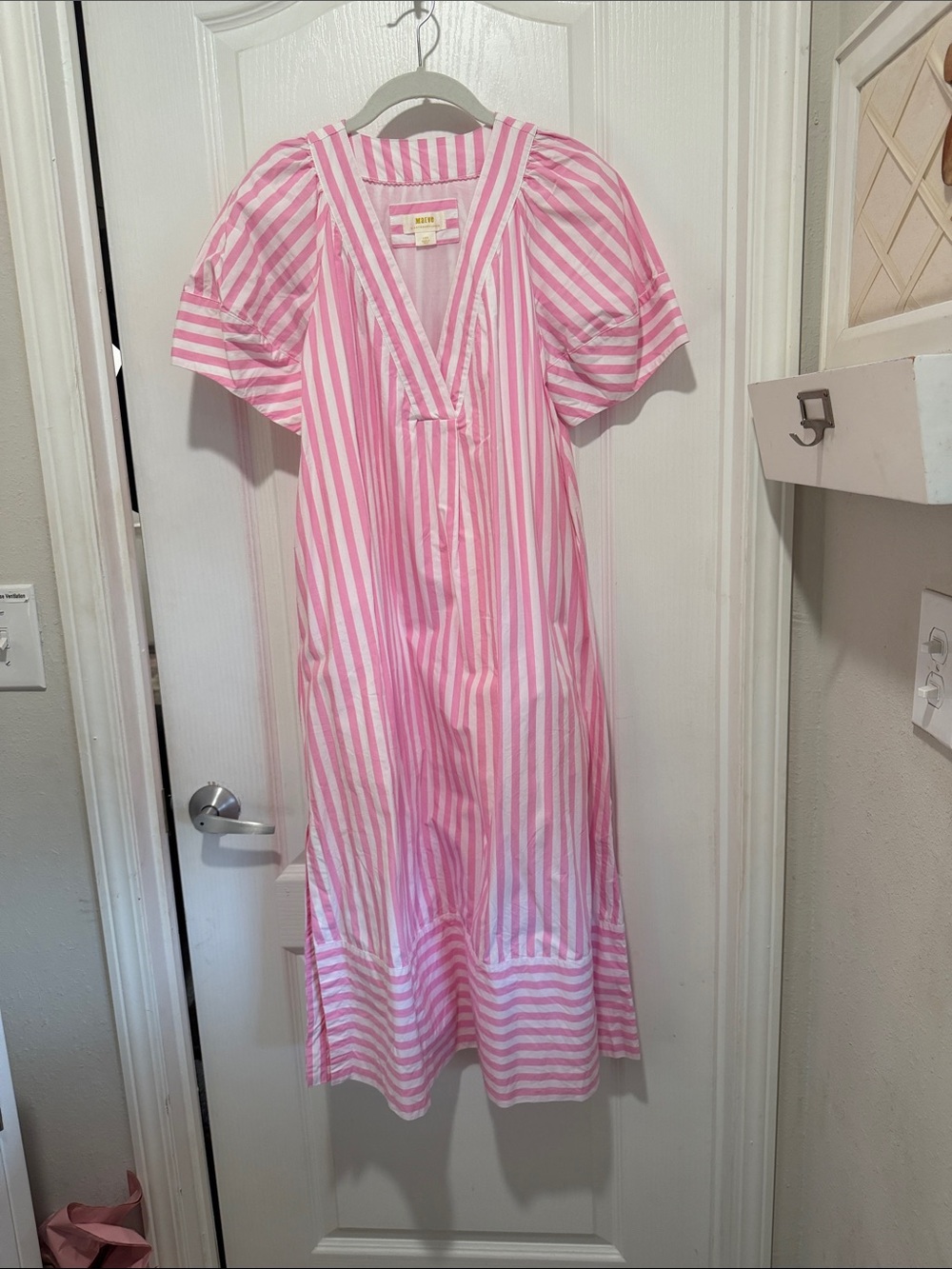 Maeve Pink and White Stripe Midi Dress